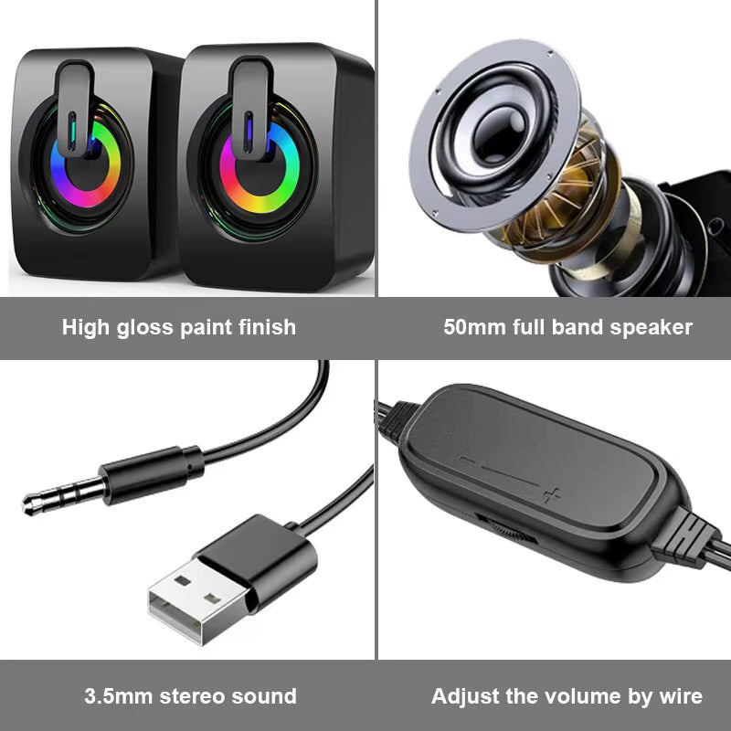HIFI Stereo USB Wired Computer Speakers with RGB LED Light for Desktop & Laptop